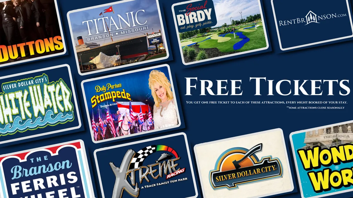 This interior image features brightly colored attraction logos and the bold text 'Free Tickets,' conjuring excitement and anticipation for memorable family outings to Branson’s top attractions.